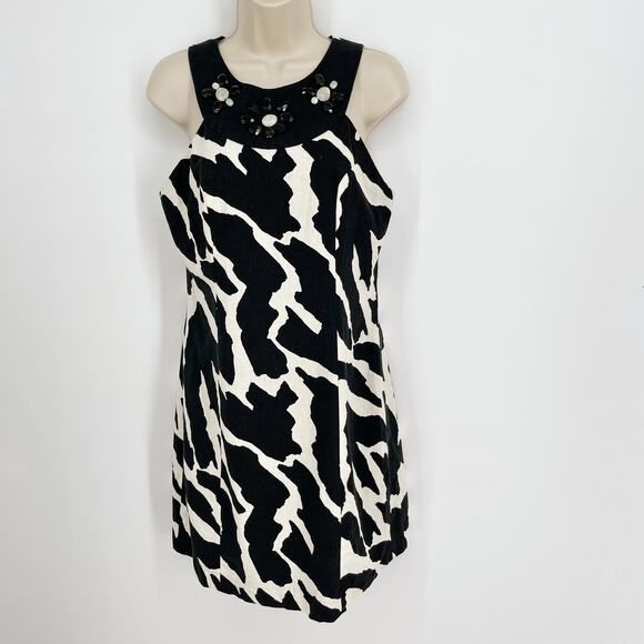 Ceces New York Dress Linen Blend 6 Black White Beaded Neckline Sleeveless Sheath - Picture 1 of 8